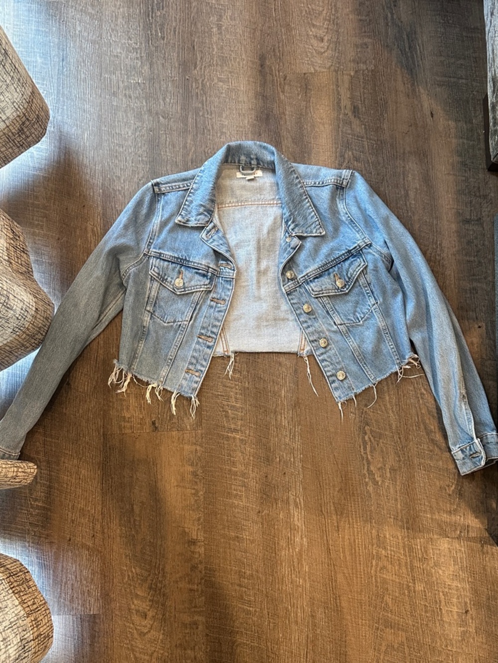 TopShop Light Wash Cropped Denim Jacket with Frayed Hem